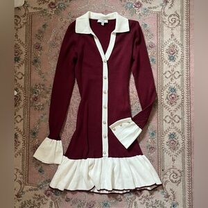 RIHOAS Maroon and Ivory Collared Dress